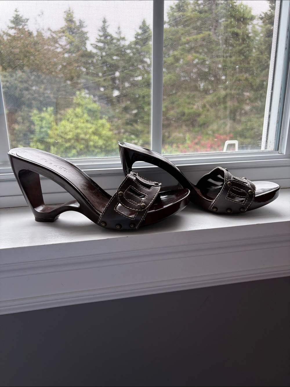Pesaro Dark Brown Open-Toe Heeled Mules with Nail head Accent